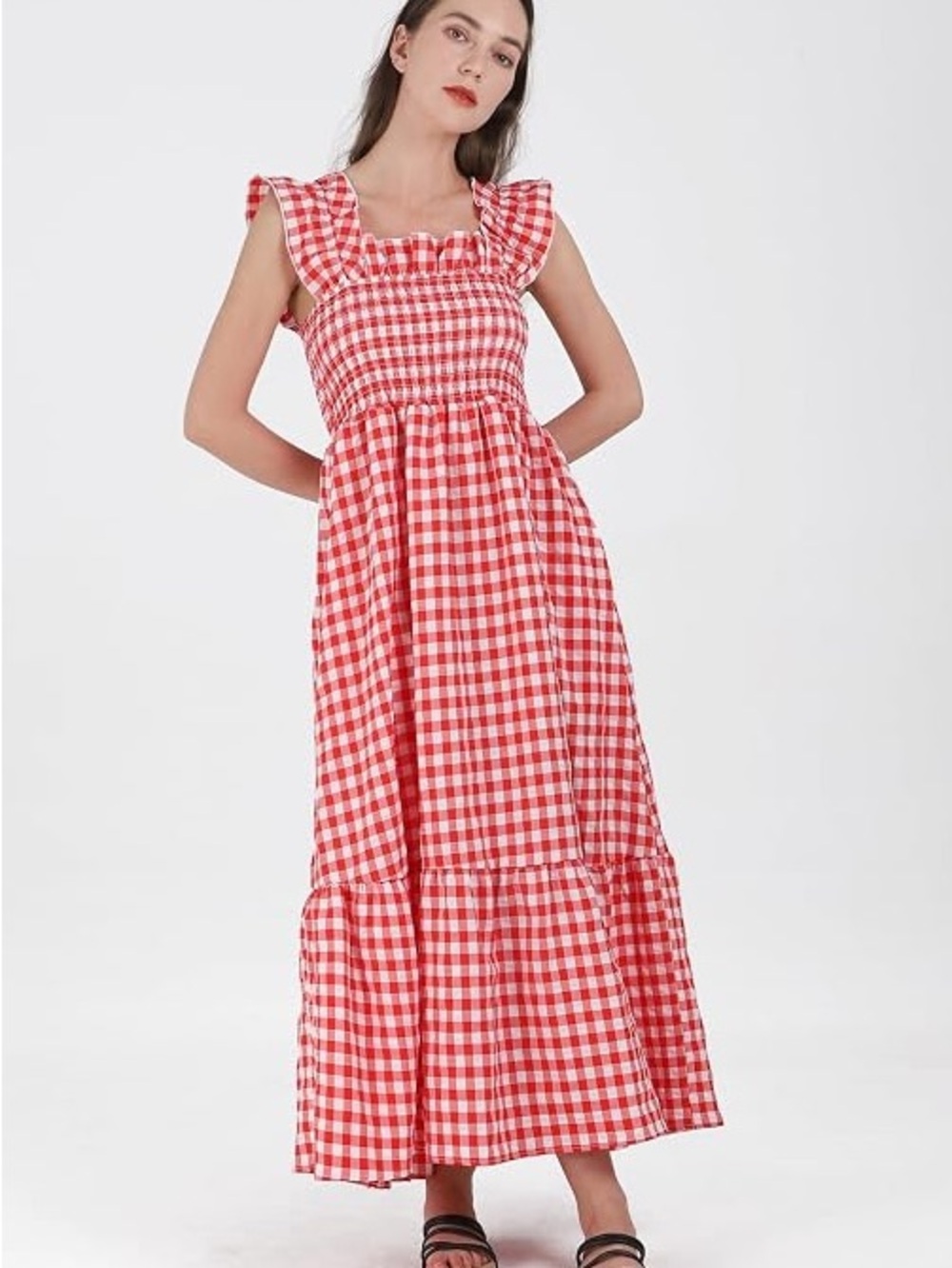 Red Gingham Smocked Maxi Dress with Ruffle Straps